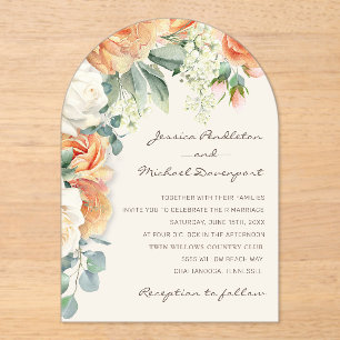 Elegant Peach White Floral Eucalyptus Wedding Arch Acrylic Invitations