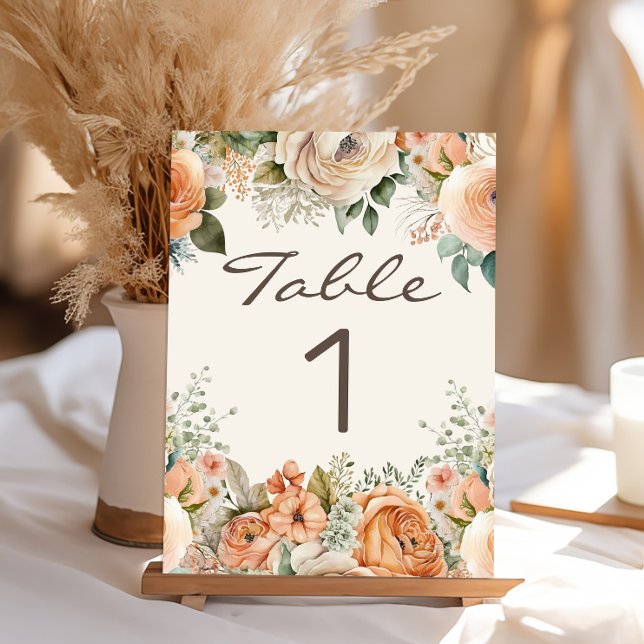 Elegant Peach White Floral Eucalyptus Wedding Table Number (Elegant peach and cream-colored watercolor floral wedding table number)