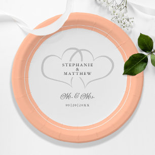 Elegant Peach White Mr & Mrs Wedding  Paper Plate
