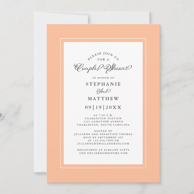 Elegant Peach White Wedding Couples Shower Bridal Invitation (Front)
