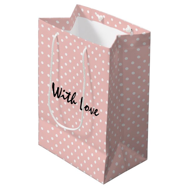 Elegant Peachy Pink Polka Dot Pattern With Love Medium Gift Bag (Front Angled)