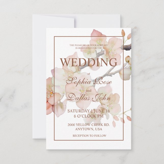 Elegant peachy pink watercolor floral wedding invitation (Front)