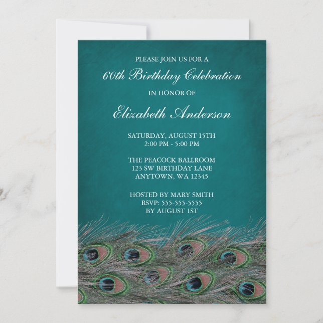 Elegant Peacock 60th Birthday Party Invitations (Front)