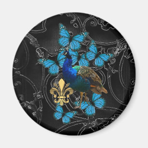 Elegant Peacock and blue butterflies on black Magnet