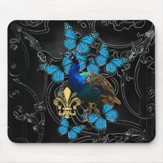 Elegant Peacock and blue butterflies on black Mouse Pad (Front)