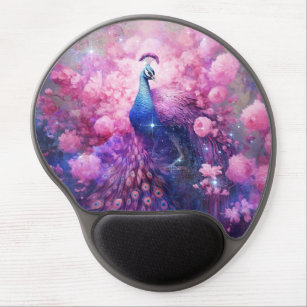 Elegant Peacock and Pink Flowers Gel Mouse Pad