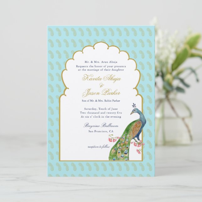 Elegant Peacock Aqua & gold Indian Wedding Invitation (Standing Front)