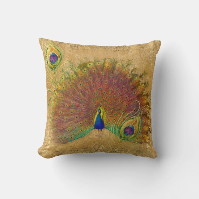 Elegant Peacock Autumn Fall Gold Foil Feathers Cushion (Front)