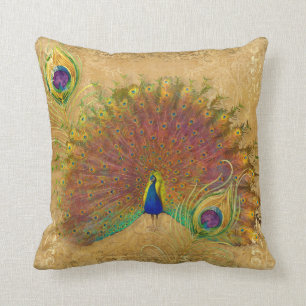 Elegant Peacock Autumn Fall Gold Foil Feathers Cushion