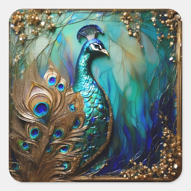 Elegant peacock bird art nouvea teal gold elegant square sticker (Front)