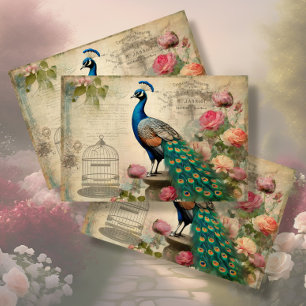 Elegant Peacock Birdcage Floral Ephemera Decoupage Tissue Paper