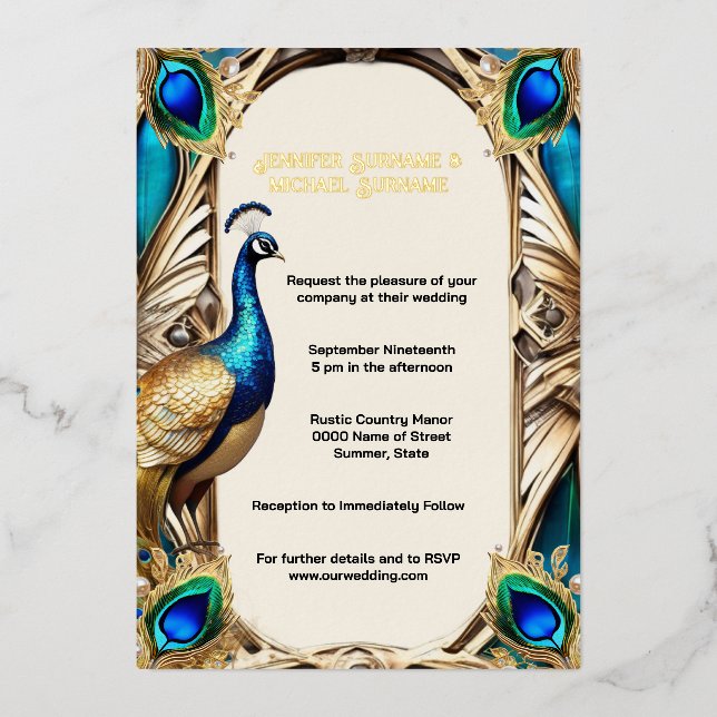 Elegant peacock blue gold feathers 3D real (Front)