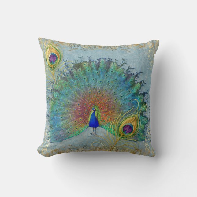 Elegant Peacock Blue Teal Gold Foil Rococo Scroll Cushion (Front)