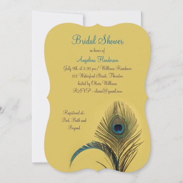 Elegant Peacock Bridal Shower (yellow) Invitation (Front)