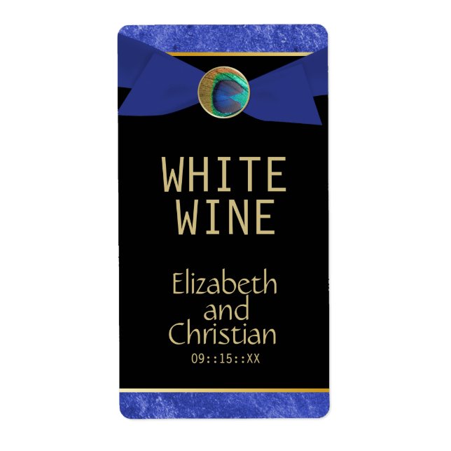 Elegant Peacock Button & Bow Wedding Wine Labels (Front)
