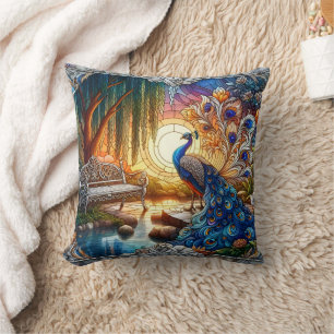 Elegant Peacock by Tranquil Lake at Sunset Cushion