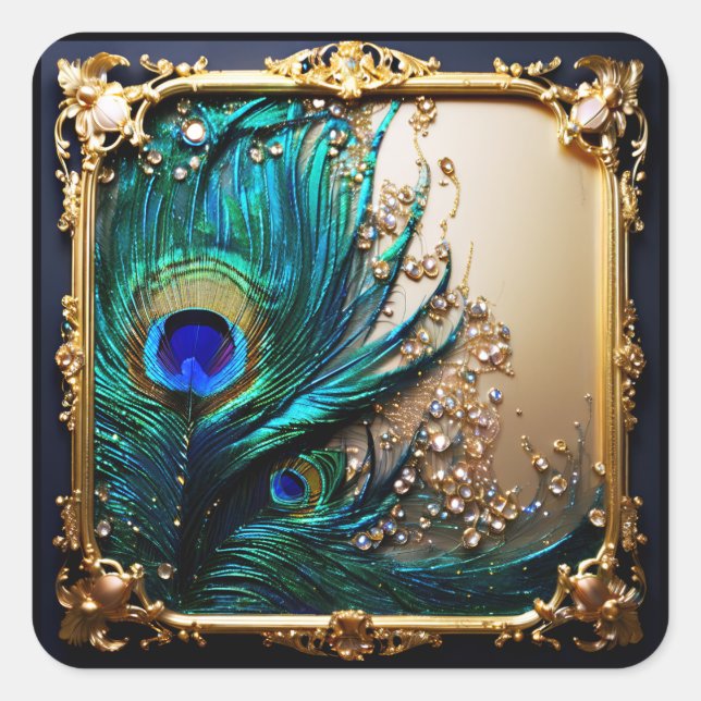 Elegant peacock feather art nouveau frame gold  square sticker (Front)