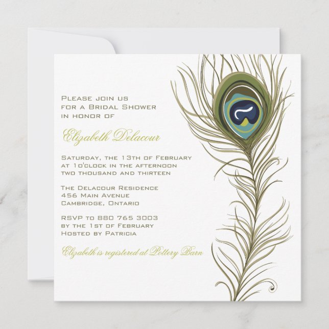 Elegant Peacock Feather Bridal Shower Invitation (Front)