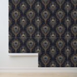 Elegant Peacock Feather Gold Blue  Wallpaper<br><div class="desc">Elegant dark blue wallpaper featuring a pattern of ornate art deco-inspired illustrations of gold,  blue and green peacock feathers.</div>