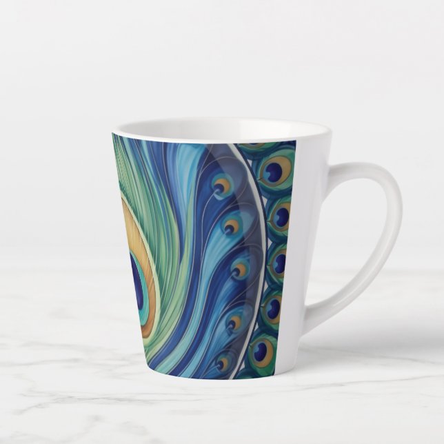 Elegant Peacock Feather Mandala Latte Mug (Right)