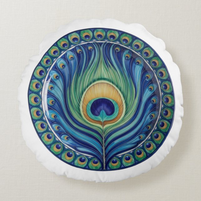 Elegant Peacock Feather Mandala Round Cushion (Front)