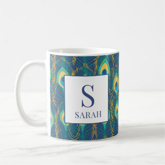 Elegant Peacock Feather Monogram Custom Name Mug