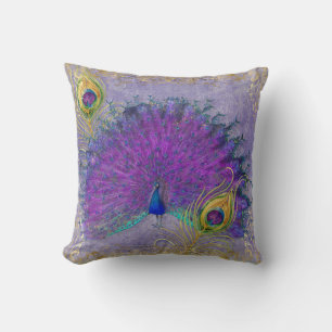 Elegant Peacock Feather Purple Gold Foil Scrolls Cushion