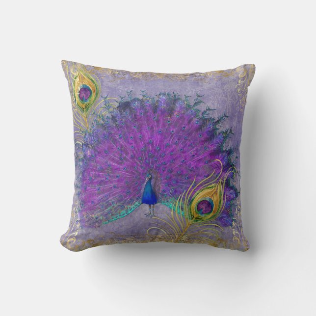 Elegant Peacock Feather Purple Gold Foil Scrolls Cushion (Front)