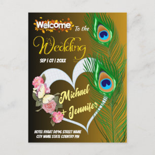 Elegant Peacock Feather & Rose Custom Wedding  Postcard