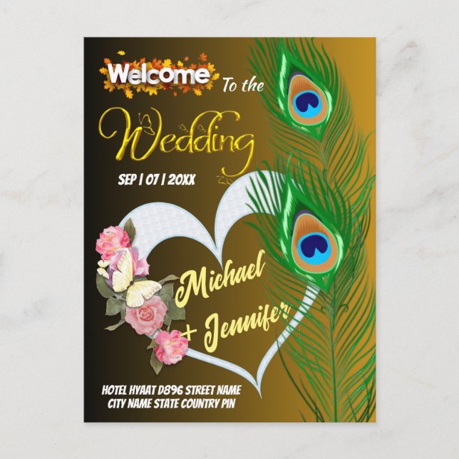 Elegant Peacock Feather & Rose Custom Wedding  Postcard (Front)
