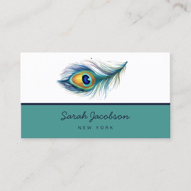 Elegant Peacock Feather Teal Business Card (Front)
