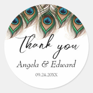 Elegant Peacock Feather Wedding Classic Round Sticker