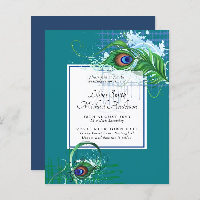 Elegant PEACOCK FEATHER Wedding Invite BUDGET (Front/Back)