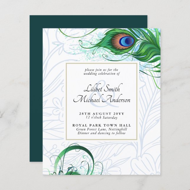 Elegant PEACOCK FEATHER Wedding Invite BUDGET (Front/Back)