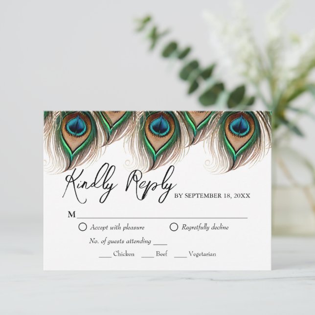 Elegant Peacock Feather Wedding RSVP Card (Standing Front)