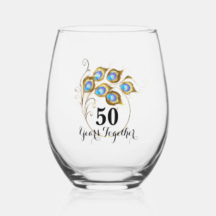 Elegant Peacock Feathers 50th Anniversary Stemless Wine Glass