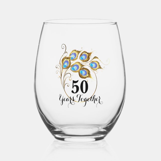 Elegant Peacock Feathers 50th Anniversary Stemless Wine Glass (Front)