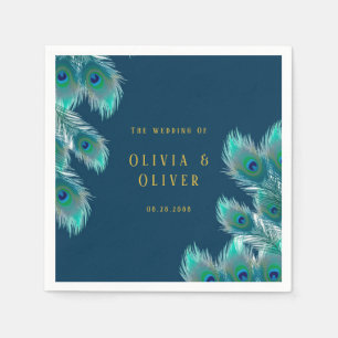 Elegant Peacock Feathers and Gold Wedding Napkin