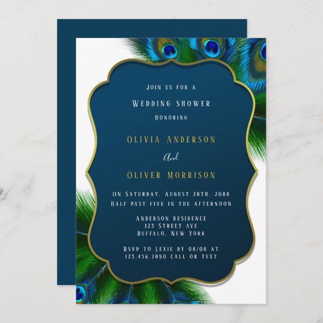 Elegant Peacock Feathers and Gold Wedding Shower I Invitation (Front/Back)