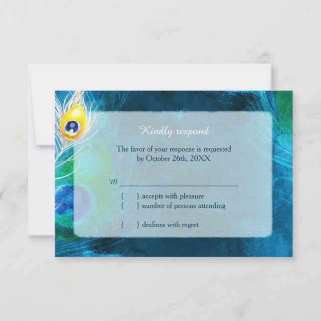Elegant Peacock Feathers Blue Wedding RSVP Card (Front)