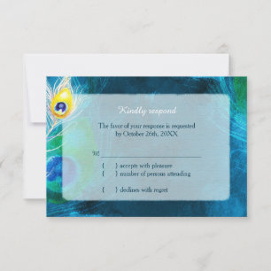 Elegant Peacock Feathers Blue Wedding RSVP Card