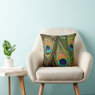 Elegant Peacock Feathers Emerald Green Throw Cushion