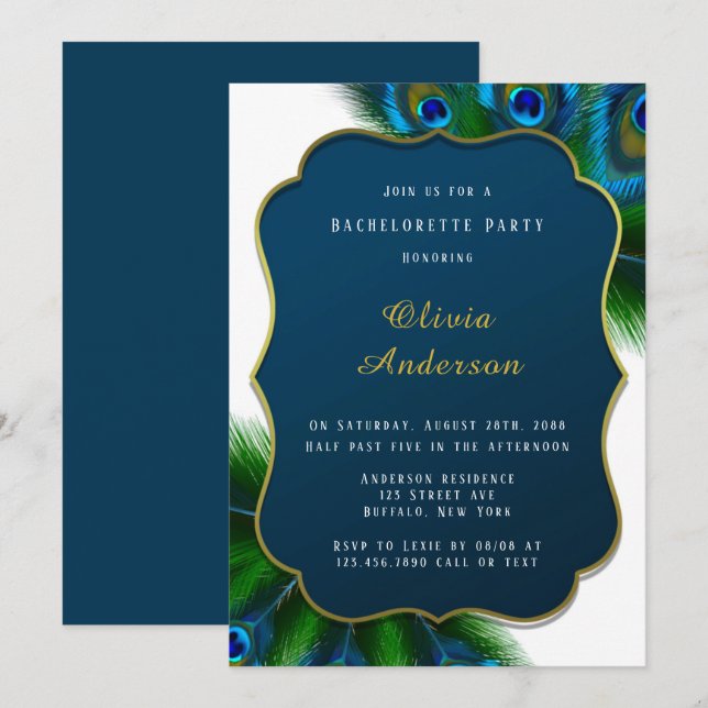 Elegant Peacock Feathers Gold Bachelorette Party Invitation (Front/Back)