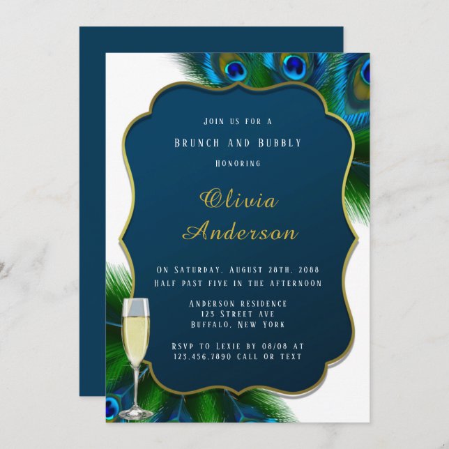 Elegant Peacock Feathers Gold Brunch & Bubbly Invitation (Front/Back)