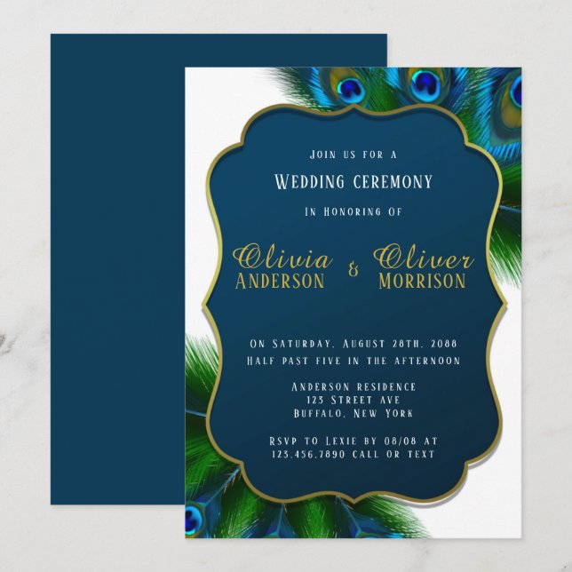 Elegant Peacock Feathers Gold Wedding Invitation (Front/Back)