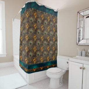 Elegant Peacock Feathers Metallic Teal Chic Shower Curtain