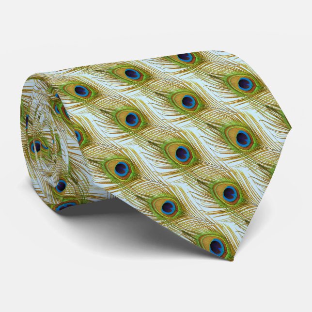 Elegant peacock feathers on light blue tie (Rolled)