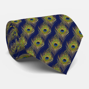 Elegant peacock feathers on navy blue neck tie