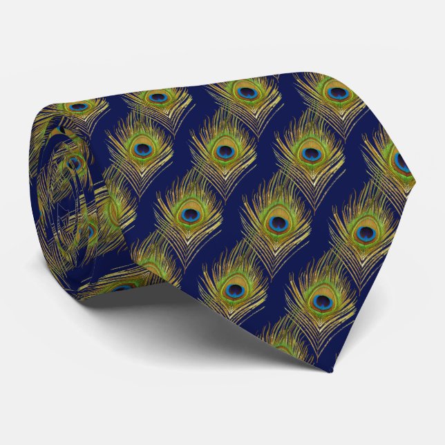 Elegant peacock feathers on navy blue neck tie (Rolled)
