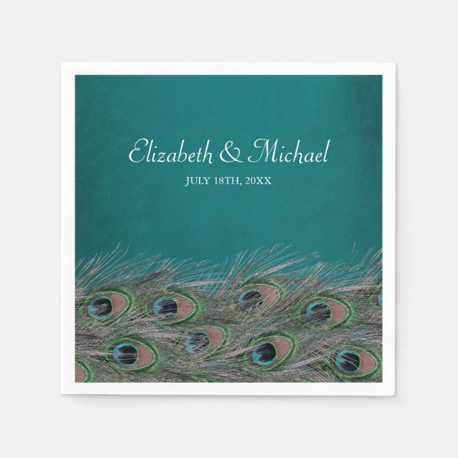 Elegant Peacock Feathers Personalised Wedding Napkin (Front)